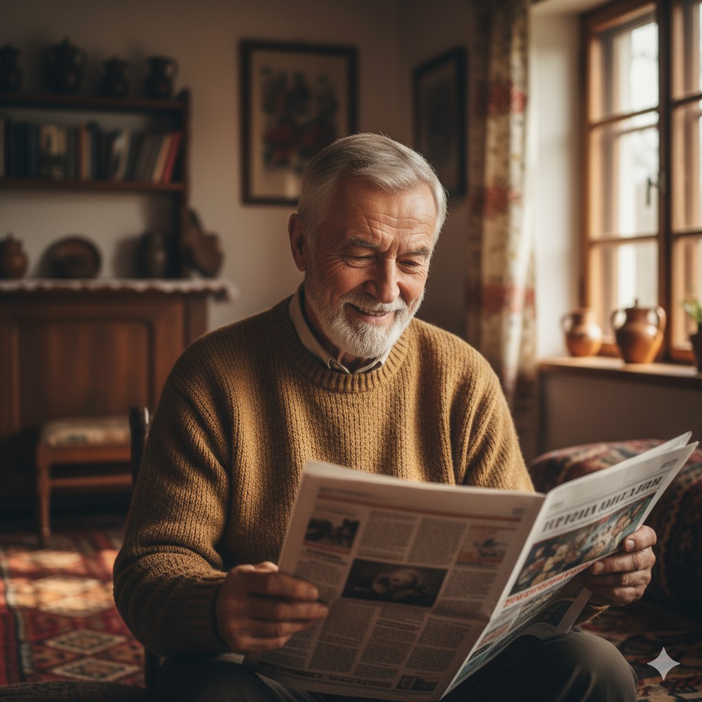 Stariji gospodin čita novine bez naočara